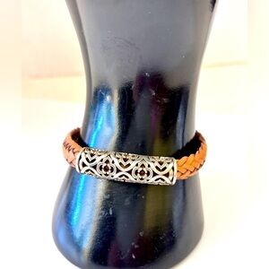 Brighton Interlok Trellis Leather Bracelet brown with a silver-plated accent.
